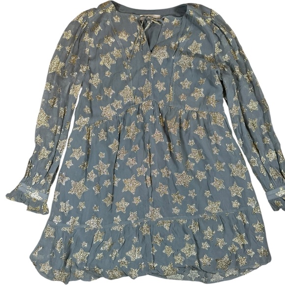 Loft Tiered Ruffle Dress Grey & Gold Size Large - Picture 9 of 11